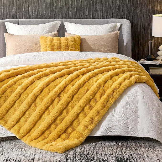 Cozy Bliss Faux Fur Throw Blanket for Couch, Fuzzy Soft Plush Thick Bubble Blanket for Sofa Bedroom Living Room, 50 * 60 Inches Yellow
