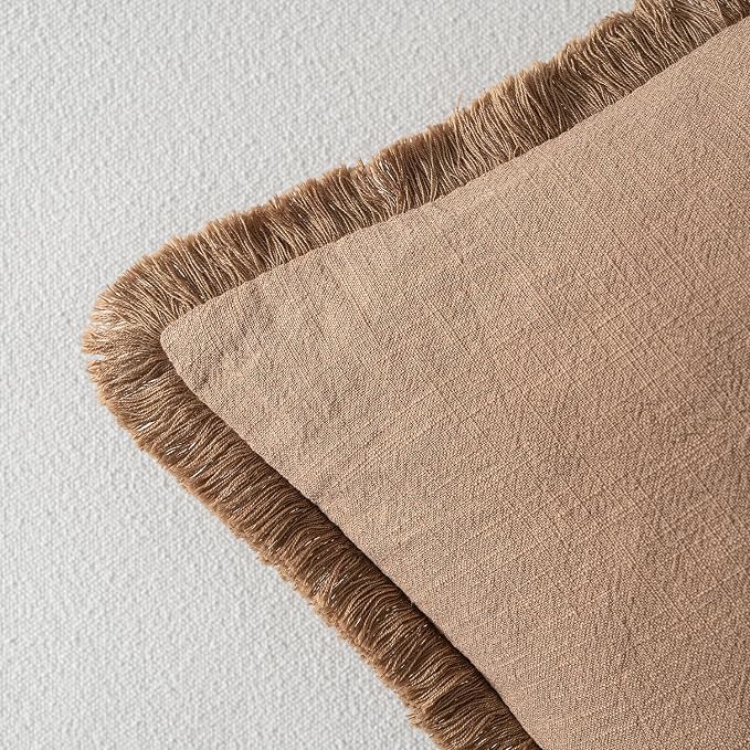 MIULEE Linen Fringe Decorative Fall Euro Throw Pillow Covers Brown 24x24 | Set of 2, Cottagecore Decor, Boho Farmhouse Neutral Pillow Covers, Rustic Fall Couch Cushion Cases for Sofa Bed Living Room