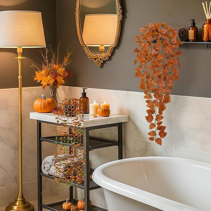 Der Rose 4 Pack Fake Fall Plants Hanging Orange Vines for Fall Wall Decor | 4 different orange vines for autumn decor accents, fall living room and bathroom decor, porch, patio and covered decor