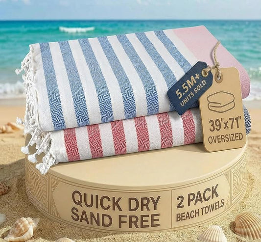 LANE LINEN Extra Large Beach Towel, 2 Pack Beach Towels Oversized, Pre-Washed, Quick Dry Pool Towels, Stylish Light Beach Towel for Women, Absorbent Sand Free Towel, 39"x71" - Old Glory Pink