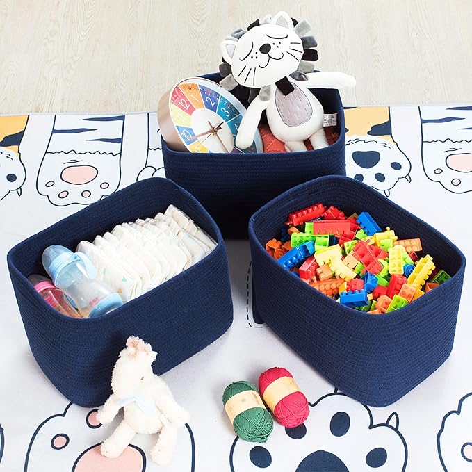 3-Pack Decorative Woven Storage Baskets for Shelves, Cube Bin Box for Organizing Books, Shoes, Dog Toys, Pantry Closet and Living Room Organizer, Navy Blue