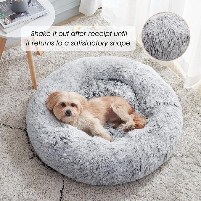 Calming Soft Round Dog &Cat Bed Small Dog Bed Washable,20" | Fluffy Faux Fur Cuddler,Anti-Anxiety,Anti-Slip Bottom,Self-Warming Bed for Small Dog&Kitten&Puppy,Up to 12 LBS Light Grey