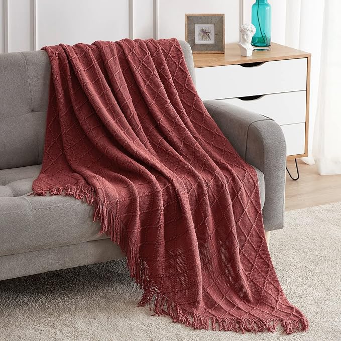 BOURINA Burgundy Throw Blanket 50x60 Inch Knitted Soft Throw Sofa Blanket | Knitted Throw Blanket 50x60 Inches, Soft Lightweight Boho Weave Throw Decorative Couch Blanket for Living Room Bedroom Chair
