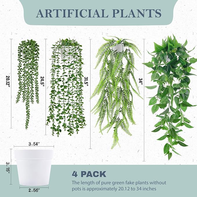 Der Rose 4Pcs Fake Hanging Plants with White Pots for Bright Shelf Decor | Faux Plants Indoor with mixed cascading styles add clean contrast and depth to mondern bathroom, kitchen, bedroom, wall decor