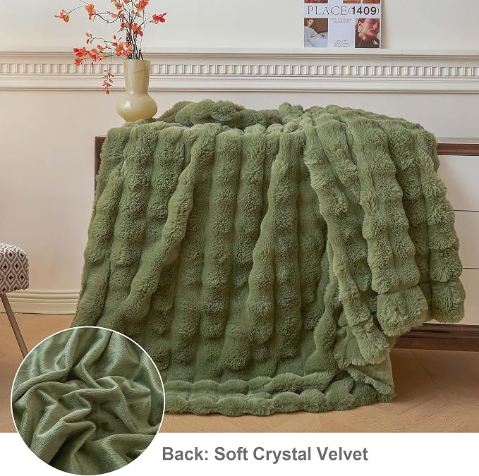 LIFEREVO Luxury Fluffy Faux Rabbit Fur Throw Blanket 60x80, Sage Green | Plush Fuzzy Bubble Lap Throw for Couch Sofa Office, Soft Moss Furry Bed Blanket Home Decoration, Washable & Skin-friendly