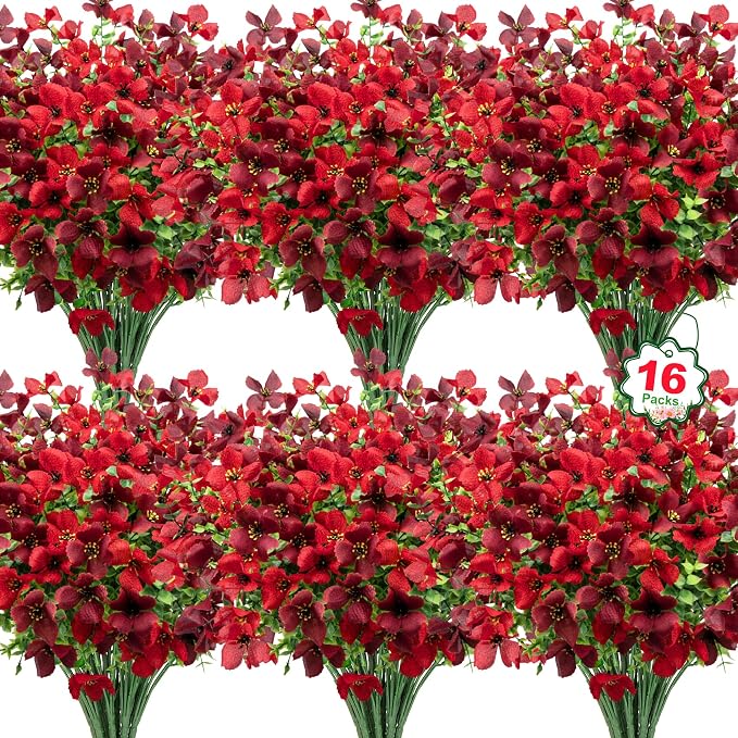 16 Pcs Artificial Flowers for Outdoors Decorations, Red Mixed | Realistic, silk flowers, faux plastic plants, UV resistant, for summer garden porch window vase indoor outdoor home decor