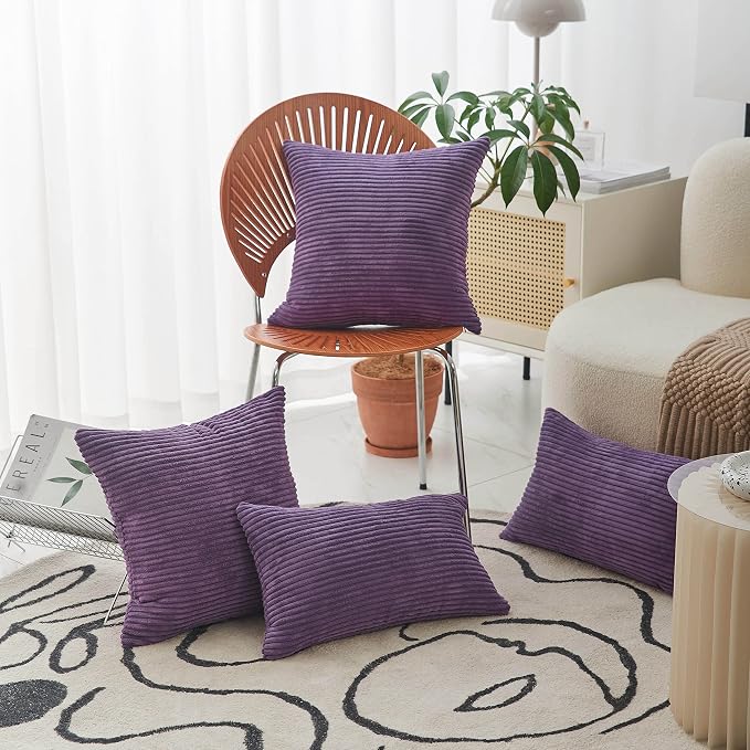 Home Brilliant 12x20 Pillow Cover Lumbar for Toddler Soft Striped Corduroy Rectangle Throw Pillow Covers for Sofa Bed Chair, 12 x 20 Inch (30x50cm), Purple