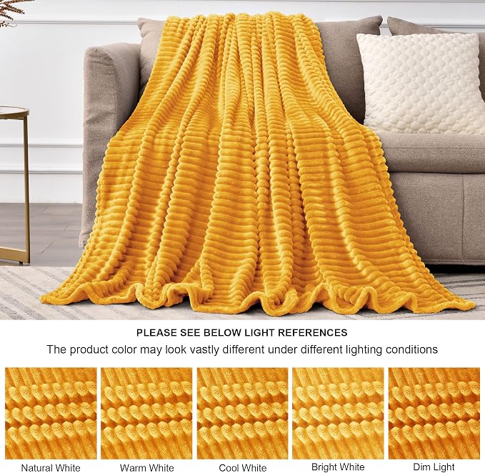 BEDELITE Ribbed Jacquard Mustard Yellow Queen Blanket for Bed, 90x90 Inch | Soft Warm Decorative Fluffy Blanket, Cozy Fuzzy Lightweight Plush Fleece Throw Blankets for Bed, Room Decor, Gift for Women