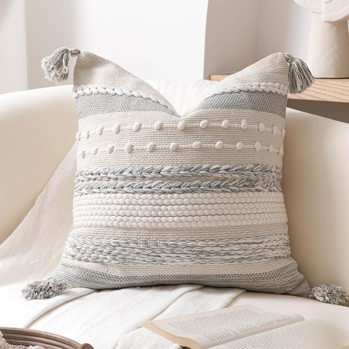 Gray Boho Decorative Throw Pillow Cover 18x18 Square Farmhouse Accent Cushion for Couch Sofa Livingroom Bedroom Pillowcase Modern Home Décor (Pack of 1)