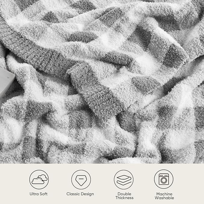 Snuggle Sac Checkered Throw Blanket for Couch, Super Soft, Cozy Warm Knit Decorative Blankets, Reversible Plaid Fluffy Throws for Sofa, Bed, Plaid Grey, 50x60 Inches