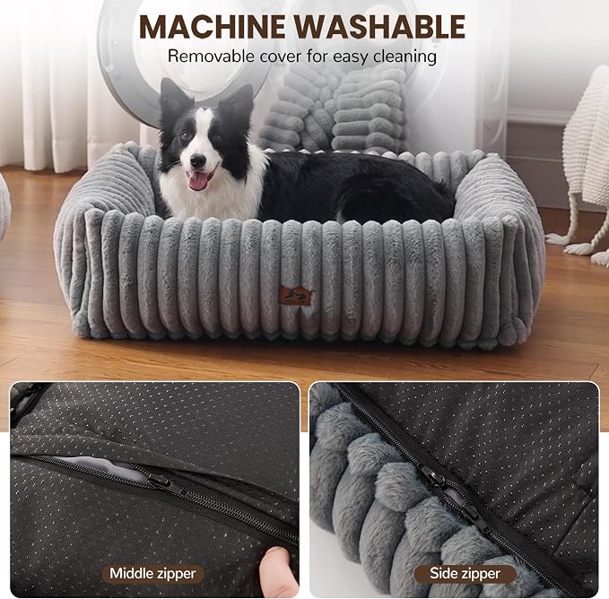 Dog Beds Large Sized Dog,Rectangle Orthopedic Pet Bed for Large Dog, Comfort Fluffy Memory Foam Dog Beds with Anti-Slip Bottom,Grey (35x25x9 inches)