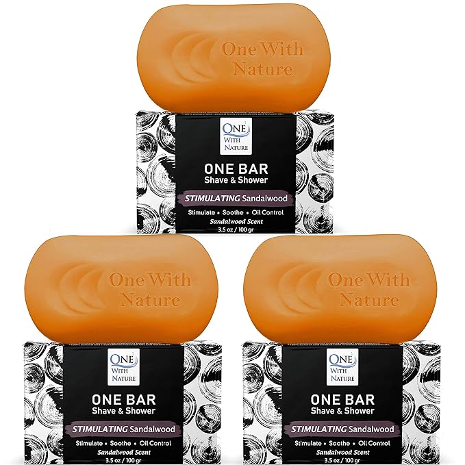 ONE Bar Stimulating Sandalwood 3.5 oz 3 Pack - All in One Shave, Shower, Shampoo for face, beard, body, hair/scalp. SuperFAT “oil” Infused: Avocado, Mango, Olive, Coconut, Argan Oil, Moisturizing.