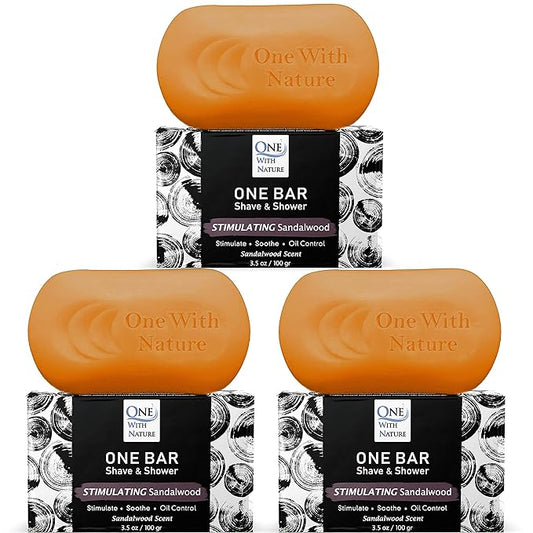 ONE Bar Stimulating Sandalwood 3.5 oz 3 Pack - All in One Shave, Shower, Shampoo for face, beard, body, hair/scalp. SuperFAT “oil” Infused: Avocado, Mango, Olive, Coconut, Argan Oil, Moisturizing.