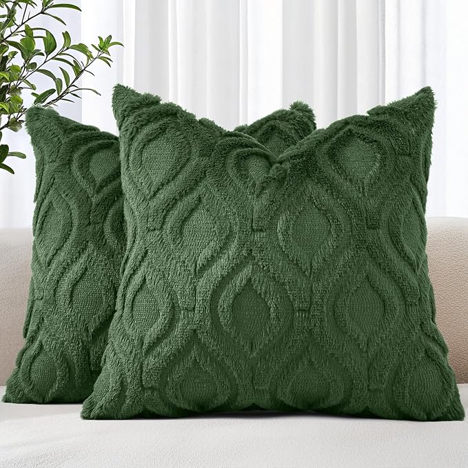 decorUhome Faux Fur Plush Forest Elf Throw Pillow Covers 16x16 Set of 2 | Plush Solid Fall Couch Pillow Covers, Accent Modern Farmhouse Neutral Decorative Soft Pillow Cases for Sofa Bed Living Room