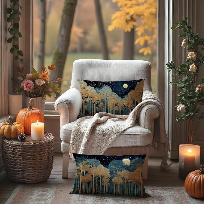 Rustic William Morris Inspired Gold Forest Moon Pillow Covers 12x20 Set of 2,Vintage Black and Gold Botanical Moon Nature Landscape Decorative Throw Pillow Covers for Home Bedroom Living Room