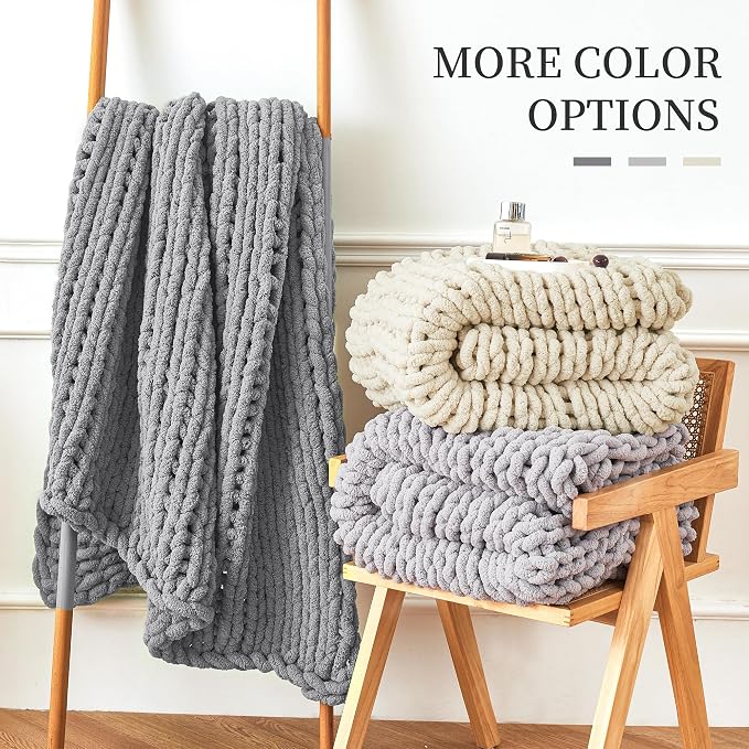 Chunky Knit Blanket Throw for Couch, 51"x63" Chunky Yarn Knitted Blankets | 100% Hand Knit Thick Chenille, Soft Breathable for Bed, Sofa, Home Decor, Cozy Gifts for Women Friends, Dark Gray