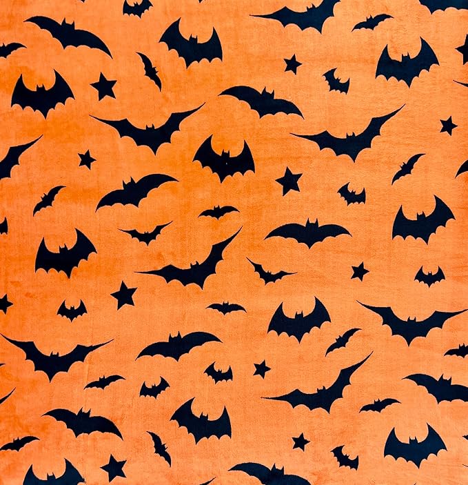 Halloween Fleece Throw Blanket, Black Bats on Orange background, 50x70 in | Ultra-soft cozy flannel fleece, for sofa couch bed chair & dorms, spooky Halloween décor, durable and machine washable.