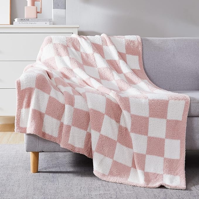 Soft Twin Size Checkered Blanket for Bed-Cozy Knitted Blankets | Lightweight Fluffy Warm Decor for Women, Mom, Her & Girls, Sofa, Chair, Couch, 60x80in,Pink
