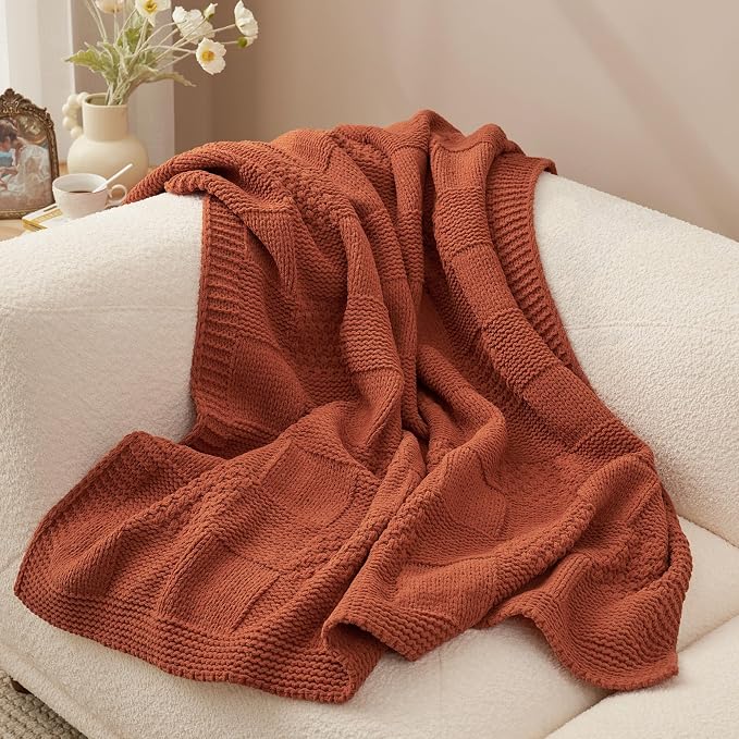 Knit Throw Blanket, Soft Chenille Cozy Breathable Checkered Chunky Decorative Blanket for Couch, Bed & Sofa, French-Inspired Lightweight Warm Gift for Women, Orange, 50"x60"
