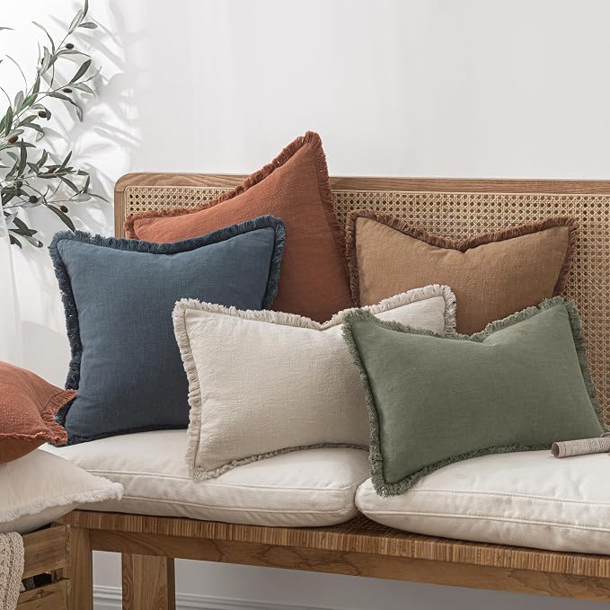 MIULEE Boho Linen Fringe Decorative Fall Throw Pillow Covers Brown 16x16 | Set of 2, Cottagecore Decor, Boho Farmhouse Neutral Pillow Covers, Rustic Fall Couch Cushion Cases for Sofa Bed Living Room