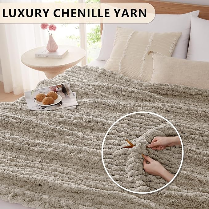 L'AGRATY Chunky Knit Throw Blanket for Couch, 72 x 84 Inches, Light Linen | Handmade Chenille Crochet Blanket for Sofa Bed, Thick Cable Knitted Blankets for Room Home Decor, Birthday Gift for Women Mom