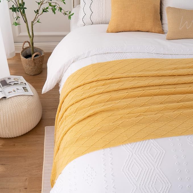 BATTILO HOME Mustard Throw Blanket with Fringe Geometric Bed Gold Yellow Throws Breathable Decorative Large Throw for Couch Sofa Indoor Outdoor (Mustard, 50"x60")