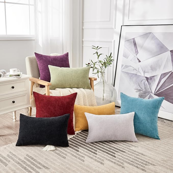 GAWAMAY Lumbar Decorative Rectangle Throw Pillow Covers 12"x20" Inch Set of 2, Super Soft Chenille Pillowcase for Sofa Living Room Bedroom Couch Cushion Cover Smoke Blue 30x50cm (ONLY Covers)