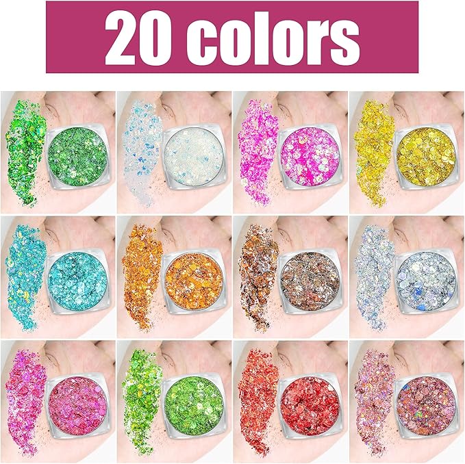 Body Glitter Face Glitter Makeup Festival Glitter, 20 Colors Face and Body Glitter Gel, Hair Glitter Gel, Body Makeup