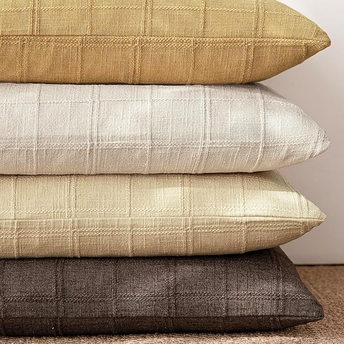 Foindtower Set of 2 Decorative Linen Check Throw Pillow Covers Neutral Farmhouse Vintage Cushion Covers Cozy Modern Boho Accent Home Decor for Sofa Chair Couch Bed Living Room,14×36 Inch,Light Yellow