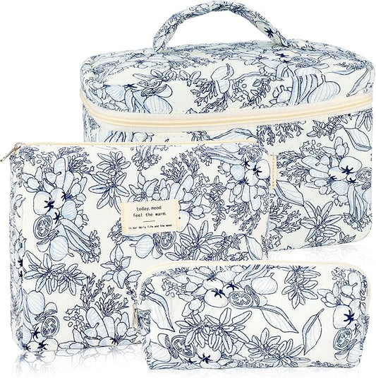 URSKYTOUS 3Pcs Cotton Quilted Makeup Bag for Women Girls Large Small Travel Black Floral Cosmetic Bags Set Cute Coquette Makeup Pouch for Purse Aesthetic Cloth Flower Storage Toiletry Bag Organizer