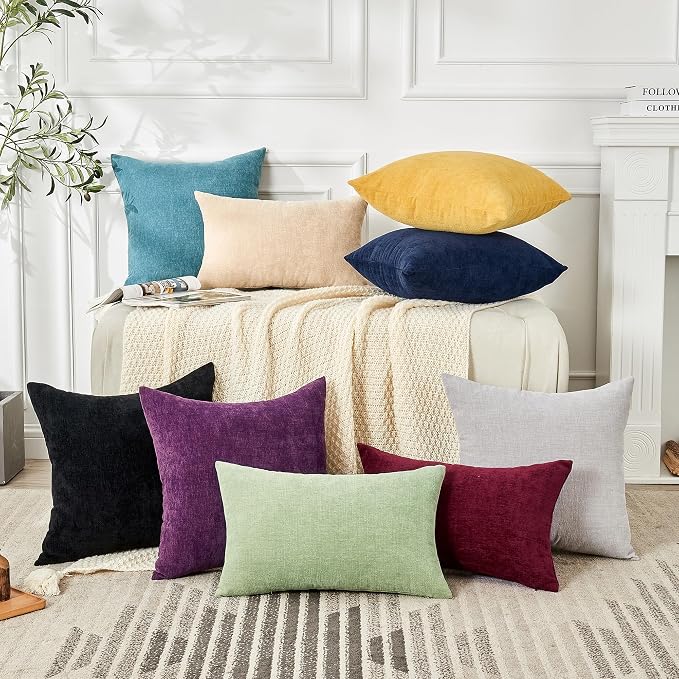 GAWAMAY Decorative Chenille Throw Pillow Covers 24x24 Inch Pack of 2, Soft Square Couch Pillow Cover for Sofa Cushion Living Room Bedroom Solid Dyed Pillowcases Light Grey 60x60cm (ONLY Covers)