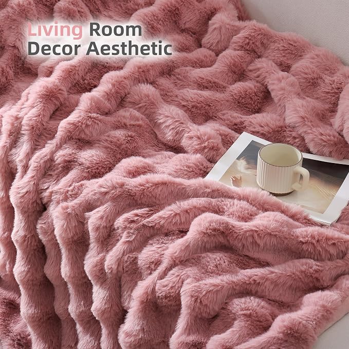 Faux Rabbit Fur Throw for Couch - Old Pink Bubble Blanket 60"x80" | Fluffy Plush Fuzzy Throw for Sofa & Bed, Super Soft Cozy Comfrt Blanket, Luxury Aesthetic Pink Decor Gift for Women