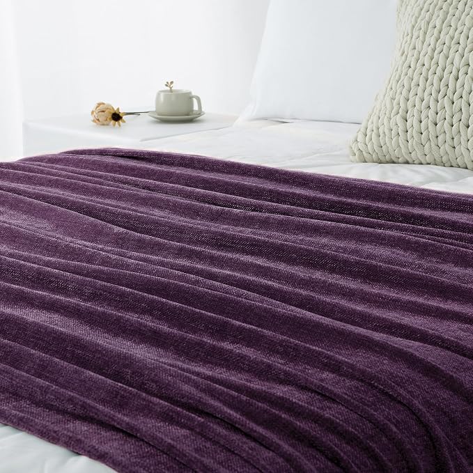 Chenille Throw Blanket for Couch 60" x 80" Twin, Dark Purple | Soft Cozy Warm Throws with Fringe Tassel, for Living Room Bed Sofa Chair Cover, Lightweight Knitted Decorative Boho Blankets
