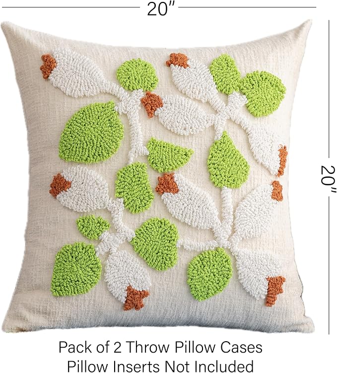 Summer Floral Throw Pillow Covers 20x20 Inch Set of 2, Chenille Embroidered Pillowcase with 3D Tufted White Flowers and Green Leaves, Boho Decorative Cushion Covers for Couch Sofa Bed