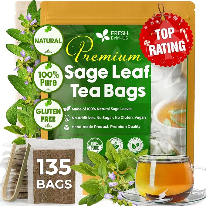 FreshDrinkUS, Premium 135 Sage Leaf Tea Bags, 100% Natural & Pure from Sage Leaves. Loose Leaf Herbal Tea. Made with Natural Material Tea Bags. No Sugar, No Caffeine, No Gluten, Vegan.
