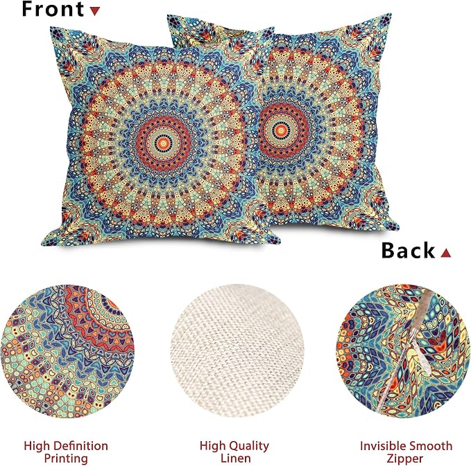 Boho Mandala Floral Pillow Covers 22X22 Inch Set of 2 Navy Blue Orange Abstract Flower Decorative Pillow Cases Colorful Retro Ethnic Cotton Linen Cushion Case Home Decor For Sofa Couch Porch Outdoor