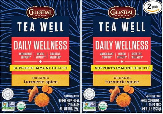 Celestial Seasonings TeaWell Herbal Tea, Daily Wellness, Organic Turmeric Spice, 12 Count (Packaging May Vary) (Pack of 2)