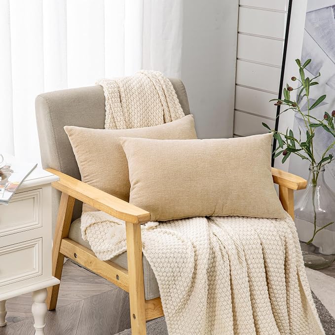 GAWAMAY Decorative Couch Throw Pillow Covers 12x20 Inch Set of 2 Beige | Soft Chenille Farmhouse Style, Hidden Zipper, Neutral Cushion Pillowcases for Sofa Living Room Bed, Only Covers