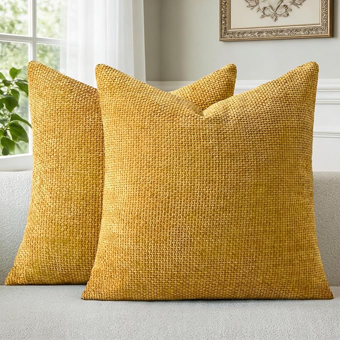a moment Fall Mustard Yellow Chenille Throw Pillow Covers 16x16 Inch Pack of 2 Modern Decorative Throw Pillow Covers Farmhouse Cross Covers Home Decor for Sofa Bedroom Living Room