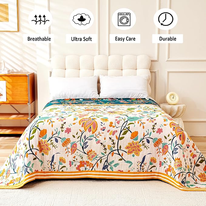 VANJOROY Boho Throw Blanket, 100% Organic Cotton Breathable Ultra Soft 80" x 90" Bed Quilt Throw - All Season Floral Rustic Farmhouse Decor Luxury Reversible Blanket for Sofa Couch Chair and Gift