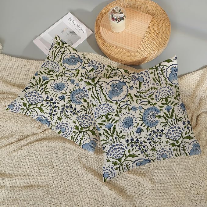 Boho Navy Blue Pillow Covers 16x16 Inch Set of 2 Blue Sage Green Floral Throw Pillows Vintage Flower Outdoor Decorative Pillow Cases Farmhouse Linen Cushion Cover Decor for Couch Sofa Decor
