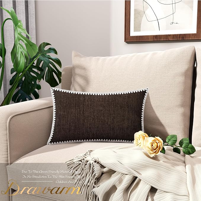 BRAWARM Chenille Throw Pillow Covers 12x20 Inches, Coffee, 2 Pack | Decorative Lumbar Pillow Covers with Shell Edge, Soft Cushion Cases for Sofa Bed Living Room Home Farmhouse (No Insert)