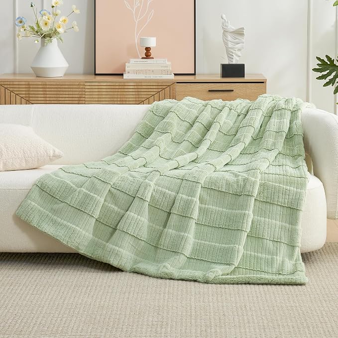 Luxury Striped Faux Fur Throw Blanket for Bed Queen Size, Soft Cozy Fuzzy Fluffy Plush Gift Blankets for Women, 88"x90", Sage Green