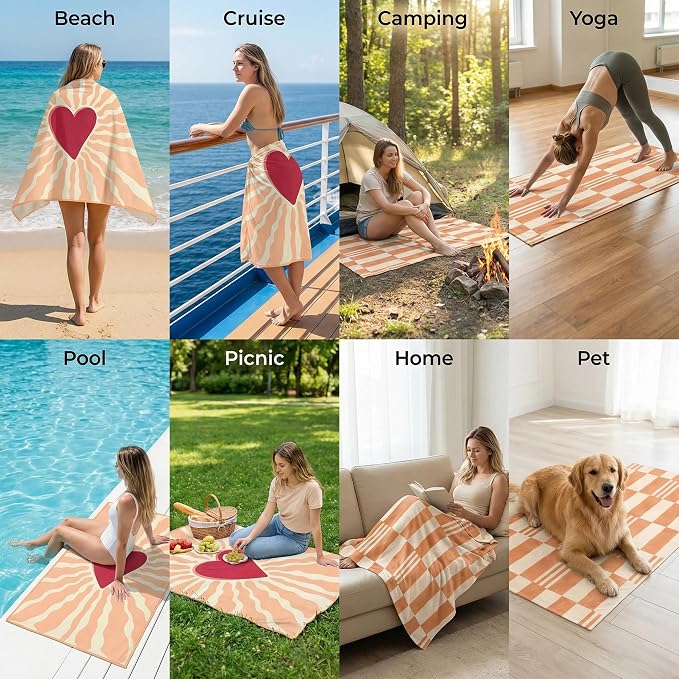 Microfiber Beach Towel Oversized w/Travel Bag, 71 * 36'' Double Print Quick Dry XL Beach Towels for Cruise Pool Yoga Gym Gift, Lightweight Absorbent Sandproof Beach Essentials, Boho Heart