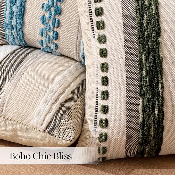 ANRODUO Boho Decorative Pillow Covers 20x20 Dark Green Stripe Pack of 2 | Throw Pillow Covers, Farmhouse Cushion Case, Chenille Pillow Cases, Pillow Covers, Accent Neutral Pillowcase for Sofa Couch
