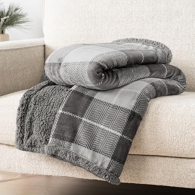 PAVILIA Twin Plaid Sherpa Throw Blanket for Couch Sofa Bed Light Grey 60x80 | GSM 460; Soft Plush Flannel Fleece; Warm&Cozy for Home; Machine Washable, Perfect Cabin Decor Winter Holiday Christmas Gift