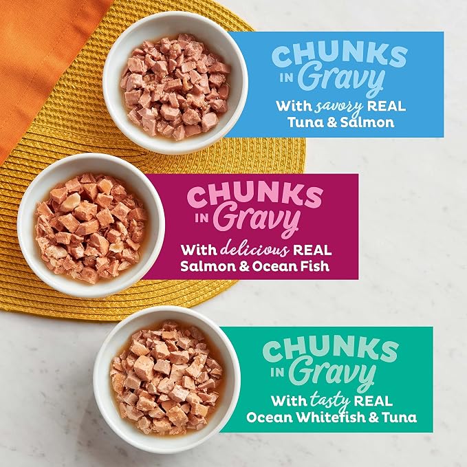 Meow Mix Seafood Favorites Chunks in Gravy Wet Cat Food Variety Pack, 2.75 Ounce (Pack of 48)