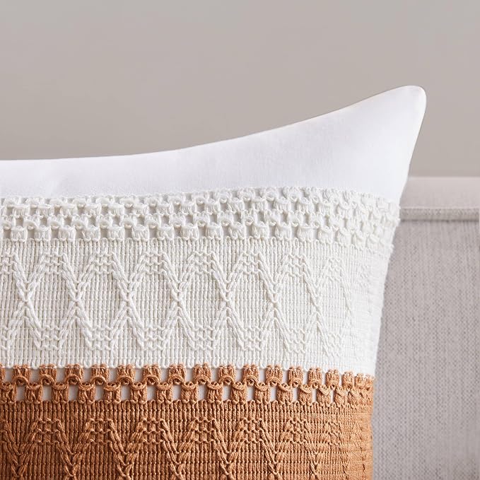 2pk Boho Pillow Covers 20x20, Natural White/Contrast/Caramel | 100% Organic Cotton Body, Stripe Embroidery, Farmhouse Decorative Cushion Covers for Sofa Bed Living Room Home Decor