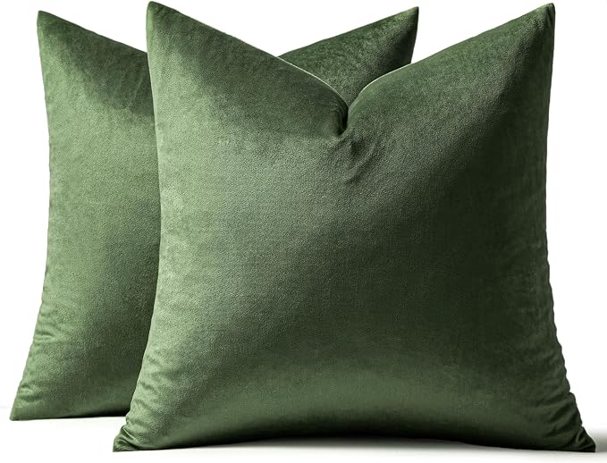 MIULEE Velvet Throw Pillow Covers 18x18 Inch Pack of 2 Moss Green | Soft Solid Decorative Pillow Covers, Modern Luxury Home Decor, for Couch Chair Sofa Bedroom Livingroom