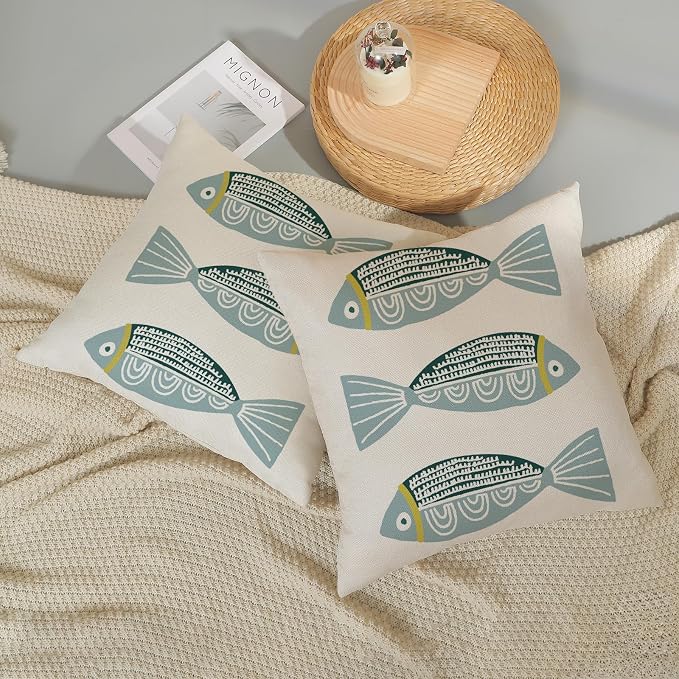 Coastal Pillow Covers 18 x 18 Inch Set of 2 Ocean Beach Blue Fish Throw Pillows Summer Natical Outdoor Decorative Pillow Cases Linen Farmhouse Cushion Case for Couch Home Sofa Bedroom Decor